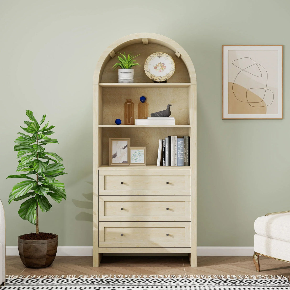 Arched Kitchen Pantry, Modern Farmhouse Wood Kitchen Storage Cabinets, Arched Storage Display Cabinet With Adjustable Shelves, Versatile Cupboard For Kitchen, Dining Room, Living Room - Natural - Furniture Home Direct