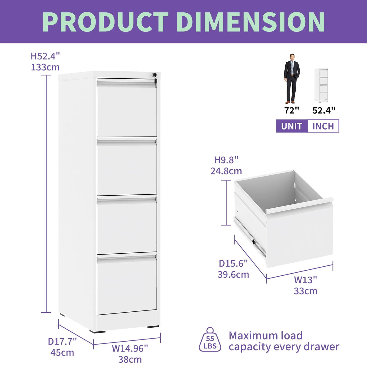 Steel Drawer Vertical File Cabinet With Lock For A4 Legal / Letter Size - Furniture Home Direct