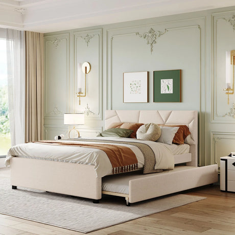 Upholstered Platform Bed With Brick Pattern Headboard And Twin Long Size Trundle - Furniture Home Direct