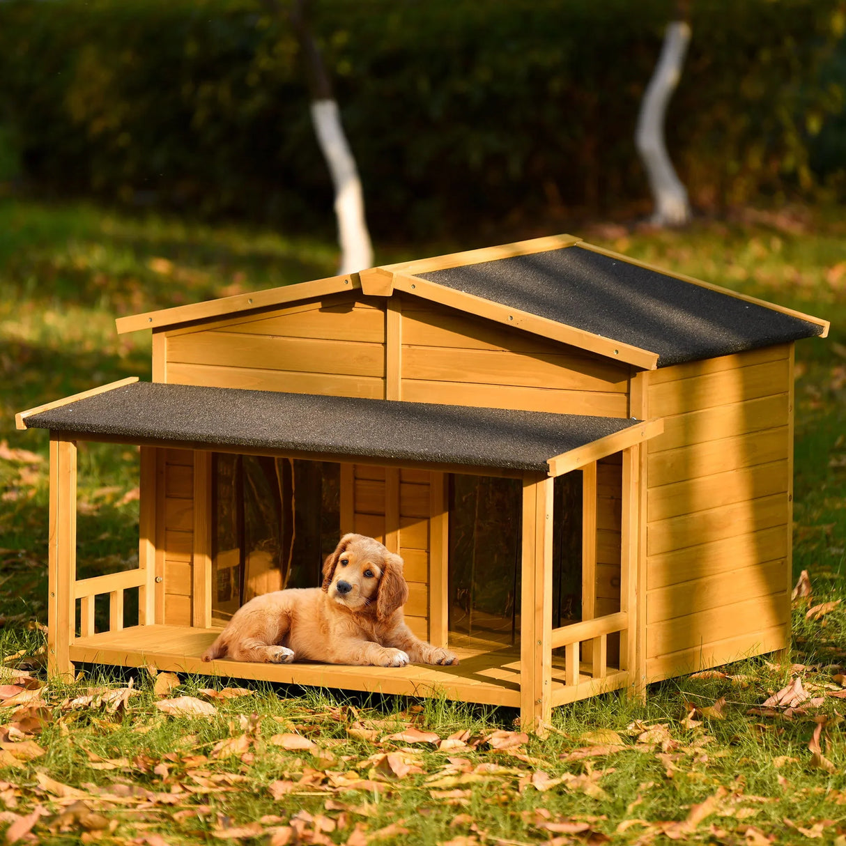 Large Wooden Dog House Outdoor / Indoor Dog Crate, Cabin Style, With Porch, 2 Doors - Furniture Home Direct