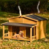 Large Wooden Dog House Outdoor / Indoor Dog Crate, Cabin Style, With Porch, 2 Doors - Furniture Home Direct
