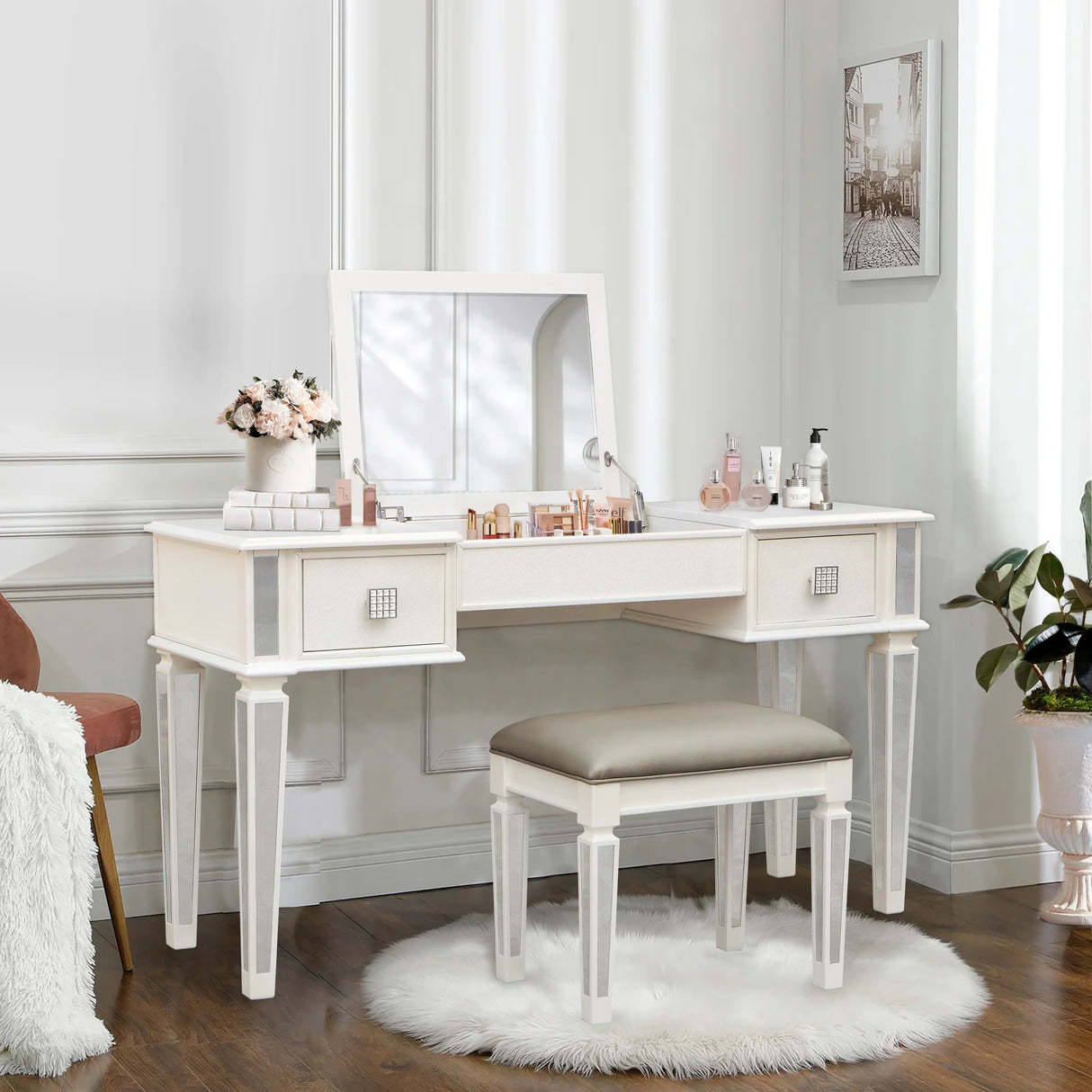 Vanity Desk With Mirror And Stool, Modern Minimalist White - Furniture Home Direct