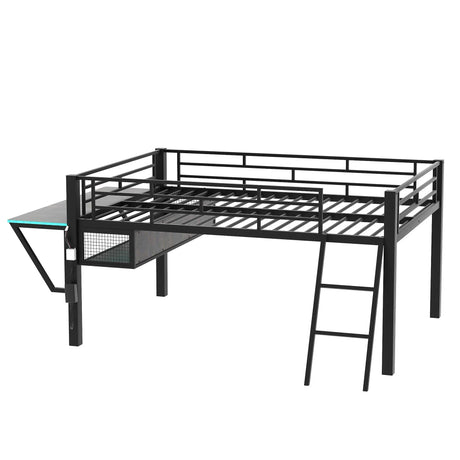 Modern Gaming Mid Loft Bed With Desk And LED Lights - Furniture Home Direct