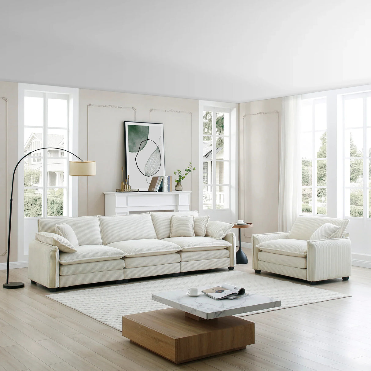 Mid-Century Modern Sofa with 4 Throw Pillows and Accent Chair, Beige Corduroy Fabric - Furniture Home Direct