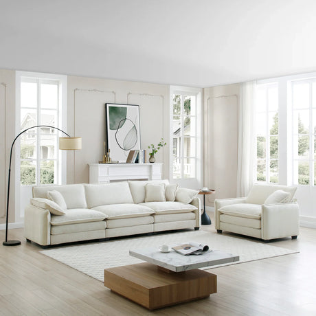 Mid-Century Modern Sofa with 4 Throw Pillows and Accent Chair, Beige Corduroy Fabric - Furniture Home Direct