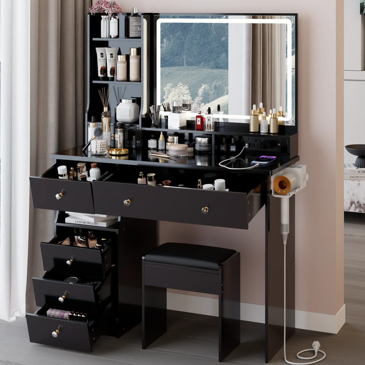 Vanity Desk With Cushioned Stool And Mirror Set Black - Furniture Home Direct