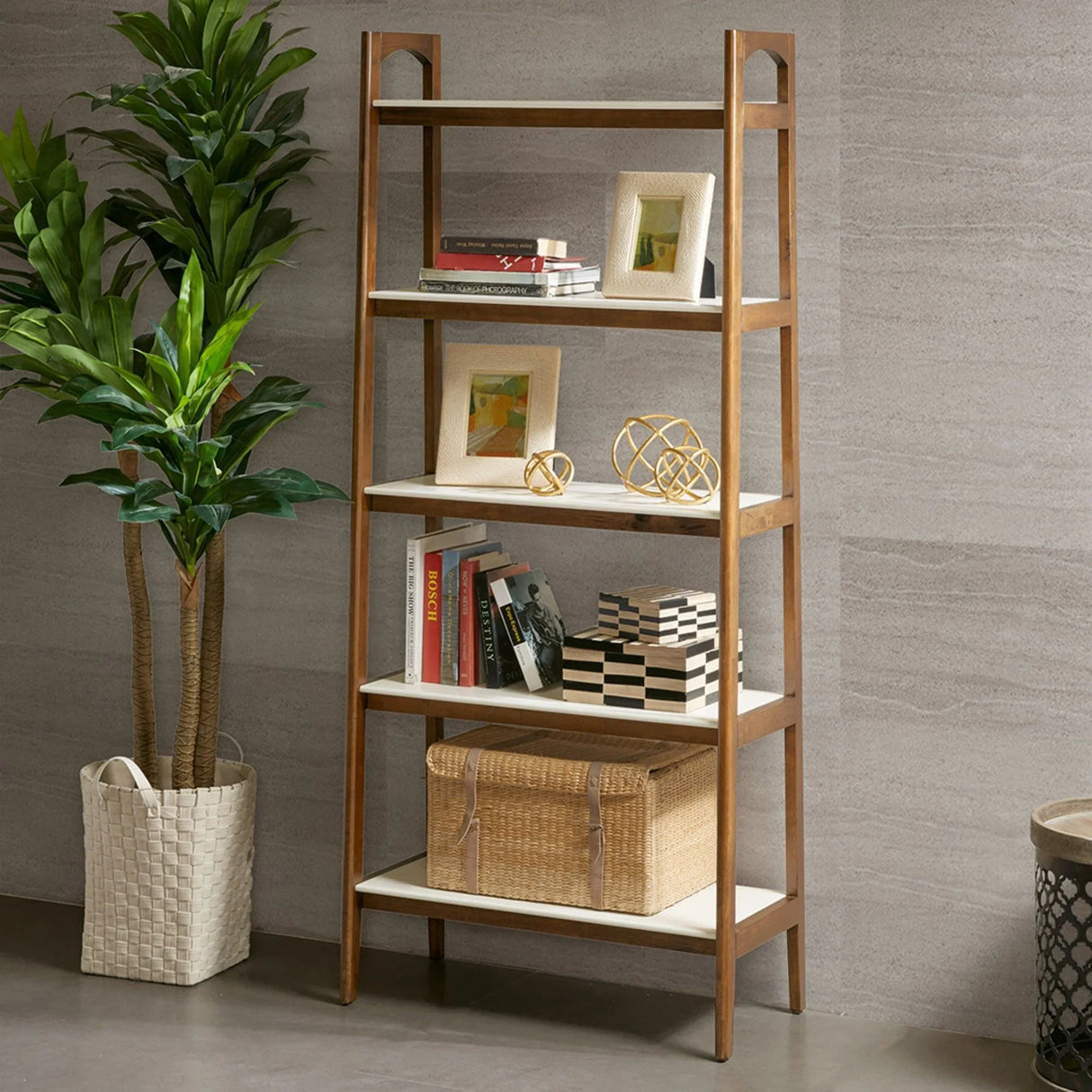 Mid - Century Design 5 Shelf Bookcase - Off White / Pecan - Furniture Home Direct