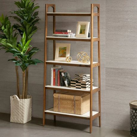 Mid - Century Design 5 Shelf Bookcase - Off White / Pecan - Furniture Home Direct