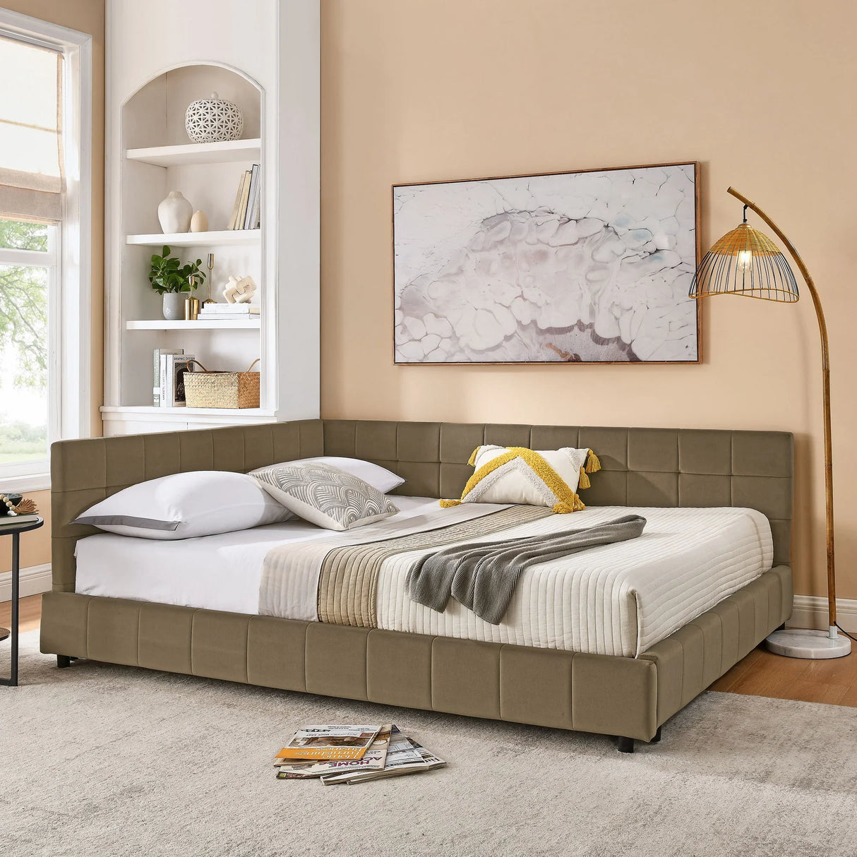 Mid-Century Storage Upholstered Tufted Bed Frame With Backrest And Armrests - Furniture Home Direct