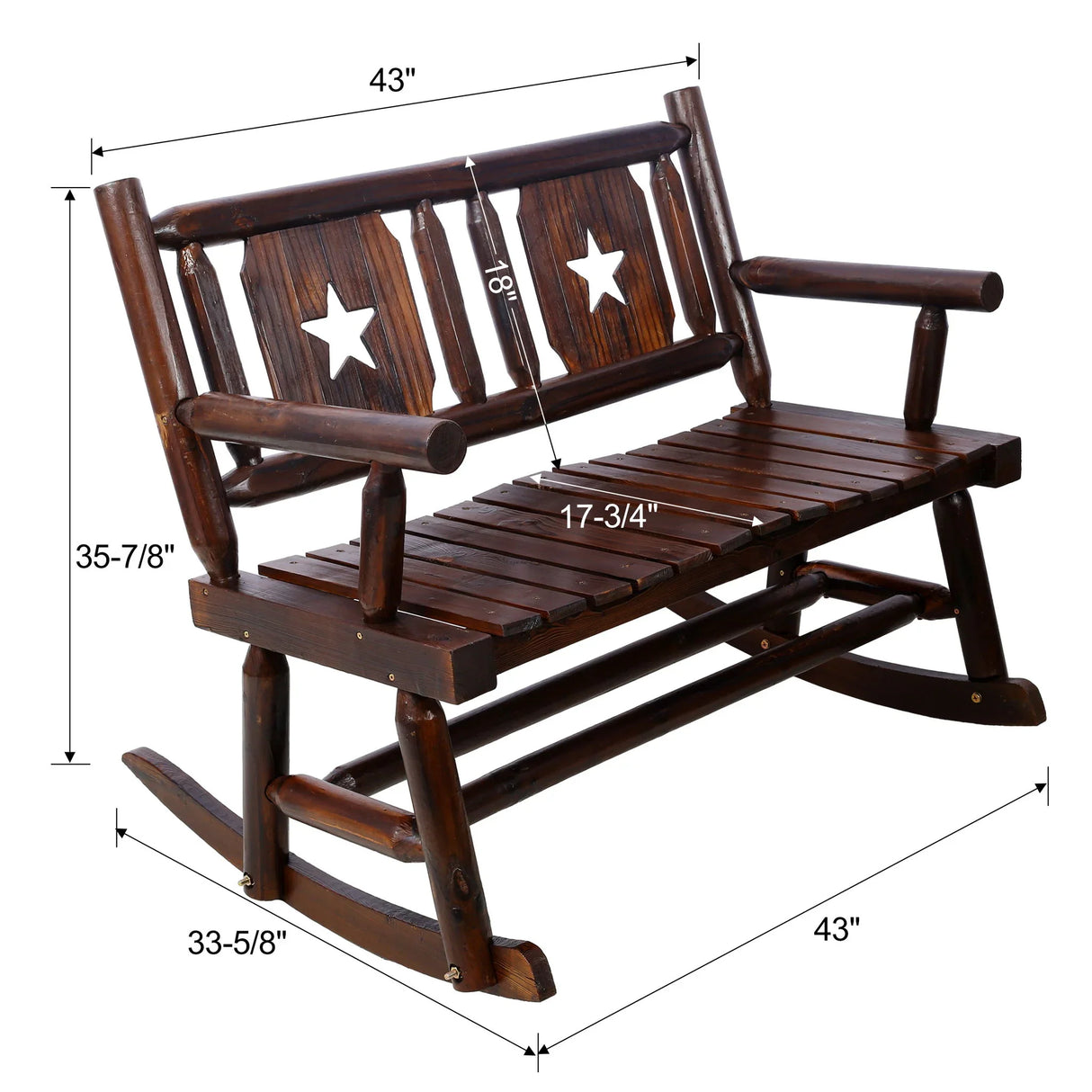 Rustic Outdoor Wood Rocking Bench Double Rocking Chair For 2 Persons With Curved Seat, Porch Rocker - Brown - Furniture Home Direct