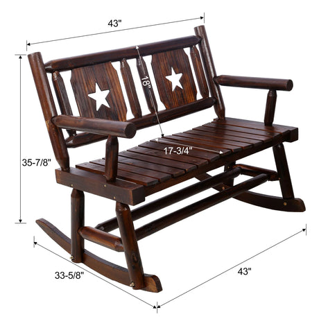 Rustic Outdoor Wood Rocking Bench Double Rocking Chair For 2 Persons With Curved Seat, Porch Rocker - Brown - Furniture Home Direct