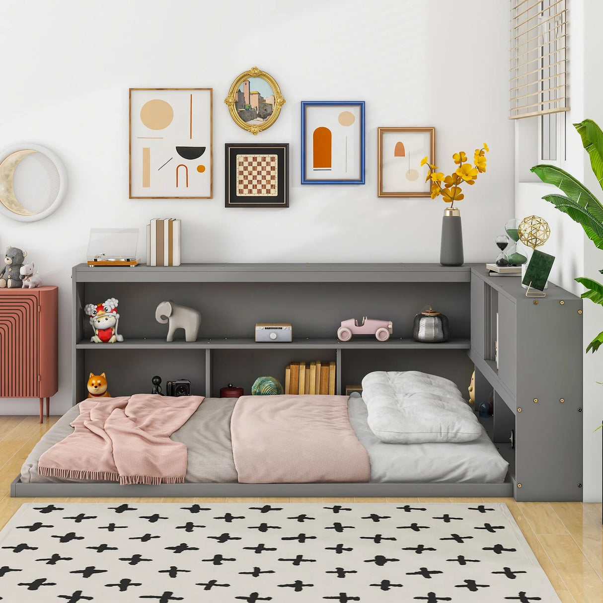 Floor Bed With L-Shaped Bookcases, Sliding Doors, Without Slats - Furniture Home Direct