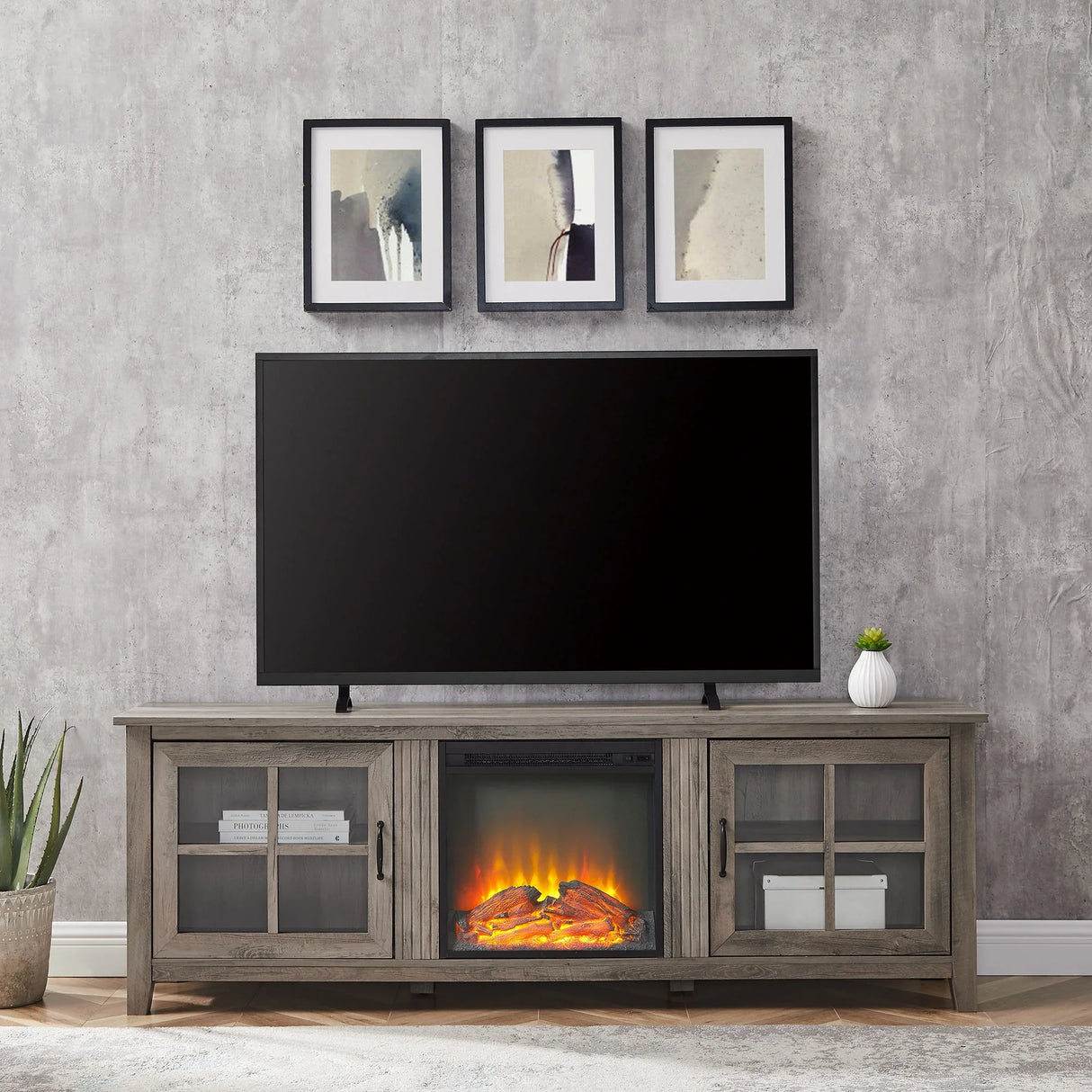 Modern Farmhouse 2 Door Glass Windowpane 70" TV Stand For 80" TVs - Furniture Home Direct