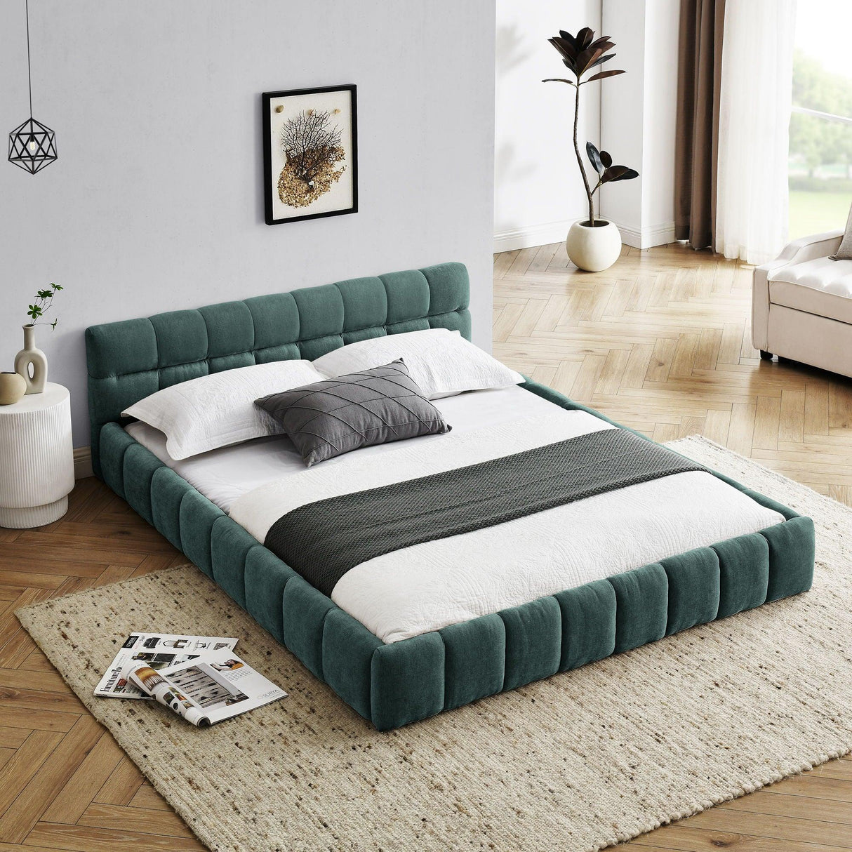 Modern Platform Bed Frame With Thick Chenille Fabric - Furniture Home Direct