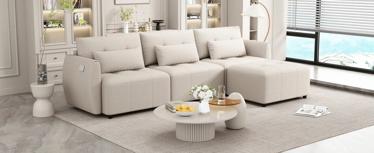 113.3 Modular Sectional With Ottoman And USB C Ports Beige - Furniture Home Direct