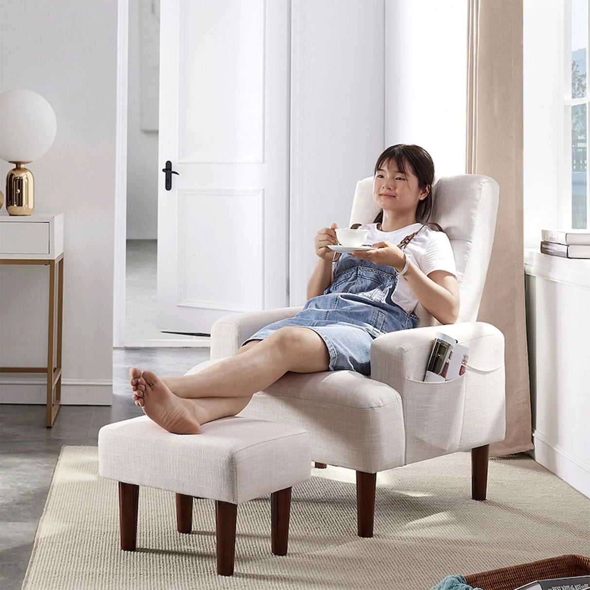 Living Room Sofa Single Chair And Ottoman, Modern Multi-Function Fabric Living Room Sofa Lounge Chair Bed And Stool. Soft Leisure Single Chair Adjustable Into 5 Angles With Sofa Bed - Furniture Home Direct