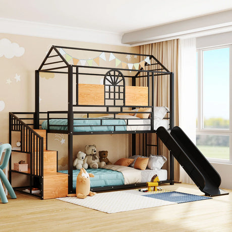 Metal Bunk Bed, Metal Housebed With Slide And Storage Stair - Furniture Home Direct