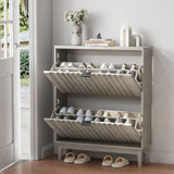 Shoe Cabinet With 2 Flip Drawers, Fluted Shoe Storage Cabinet For Entryway, Free Standing Shoe Storage Organizer With Wave Doors For Heels, Boots, Slippers In Hallway, Living Room - Gray - Furniture Home Direct