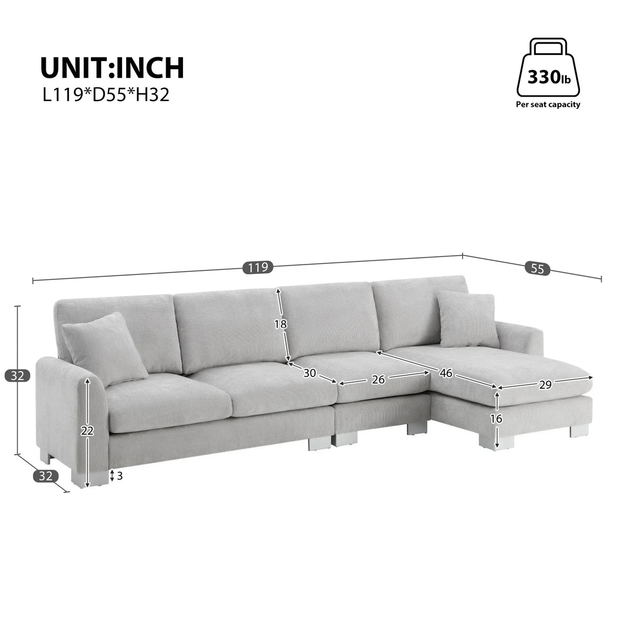Modern Oversized Sectional Sofa, L-Shaped Luxury Couch Set With 2 Free Pillows, 5 Seat Chenille Indoor Furniture With Chaise For Living Room - Furniture Home Direct
