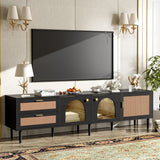 Rattan TV Stand With 3 Cabinets & 2 Drawers, Rattan-Inspired Media Console Table For Tvs Up To 80'', LED Light Entertainment Center, TV Cabinet For Living Room - Black - Furniture Home Direct