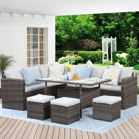 7-Piece Rattan Outdoor Sectional Set With Grey cushions - Furniture Home Direct