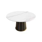 53.15" Modern Artificial Stone Round Panel Metal Iron Base Dining Table, Can Accommodate 6 People, (Not Including Chairs) - White / Black - Furniture Home Direct