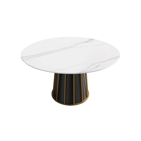 53.15" Modern Artificial Stone Round Panel Metal Iron Base Dining Table, Can Accommodate 6 People, (Not Including Chairs) - White / Black - Furniture Home Direct