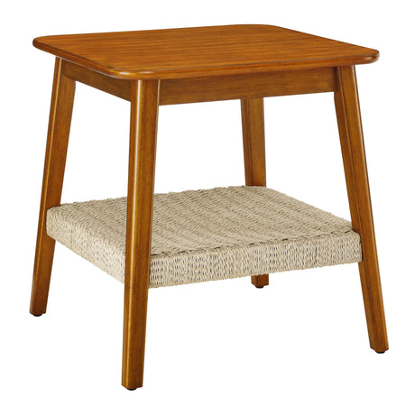 Mid - Century Square Side Table With Woven Shelf - Walnut - Furniture Home Direct