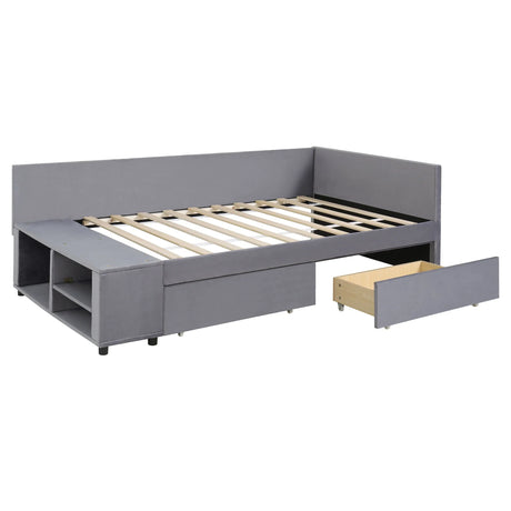 L Shaped Upholstered Platform Bed With Storage And Drawers - Furniture Home Direct