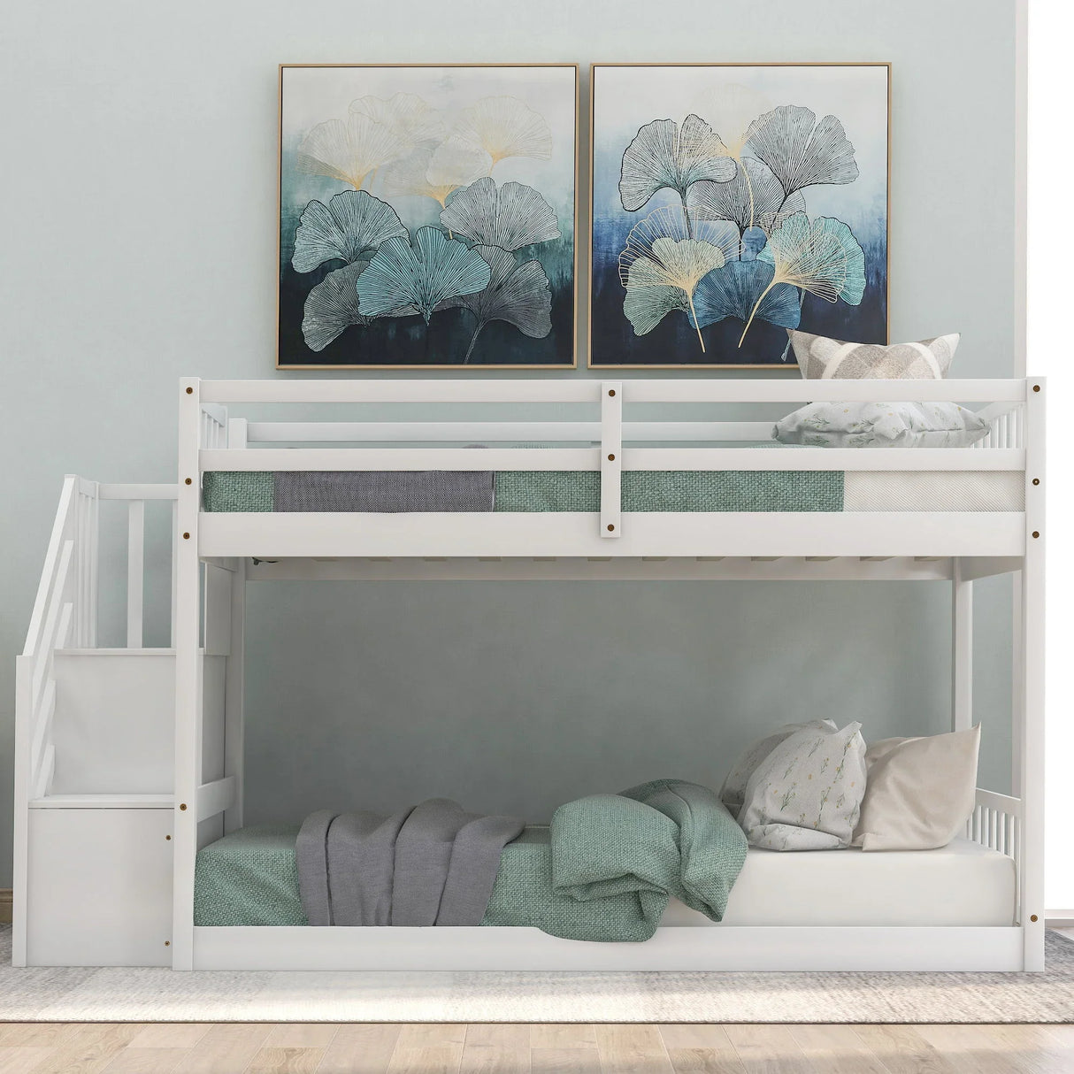 Twin Over Twin Floor Bunk Bed, Ladder With Storage - Furniture Home Direct