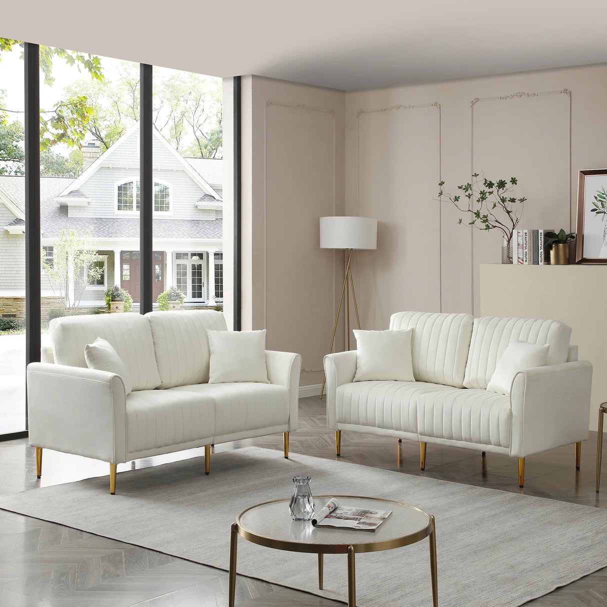 2 PC Velvet Living Room Set Including 2 Love Seats with Four Throw Pillows and Metal legs - Off White - Furniture Home Direct