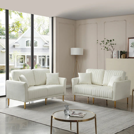 2 PC Velvet Living Room Set Including 2 Love Seats with Four Throw Pillows and Metal legs - Off White - Furniture Home Direct