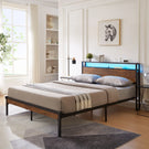 Metal Platform Bed Frame With Wooden Headboard And Footboard With USB Liner, LED Lights, No Box Spring Needed, Large Under Bed Storage - Furniture Home Direct