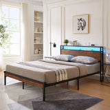 Metal Platform Bed Frame With Wooden Headboard And Footboard With USB Liner, LED Lights, No Box Spring Needed, Large Under Bed Storage - Furniture Home Direct