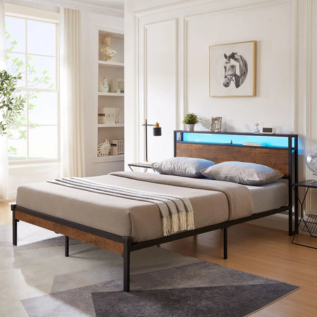 Metal Platform Bed Frame With Wooden Headboard And Footboard With USB Liner, LED Lights, No Box Spring Needed, Large Under Bed Storage - Furniture Home Direct