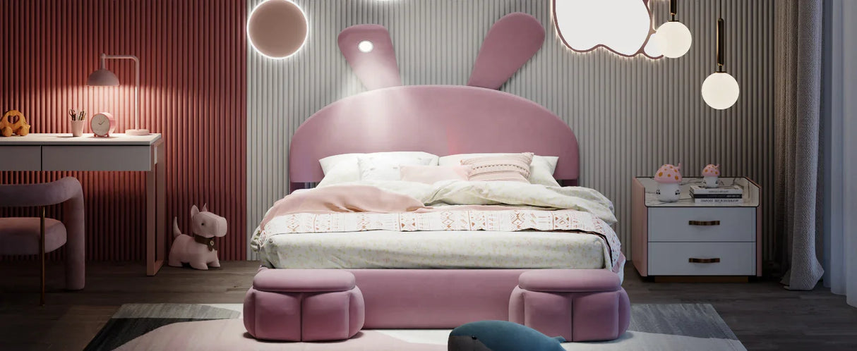 Full Size Upholstered Platform Bed with Cartoon Ears Shaped Headboard and Light, Pink - Furniture Home Direct