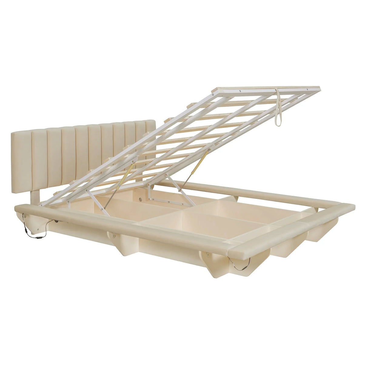 Queen Bed With Upholstered Storage And LED Lighting Beige - Furniture Home Direct