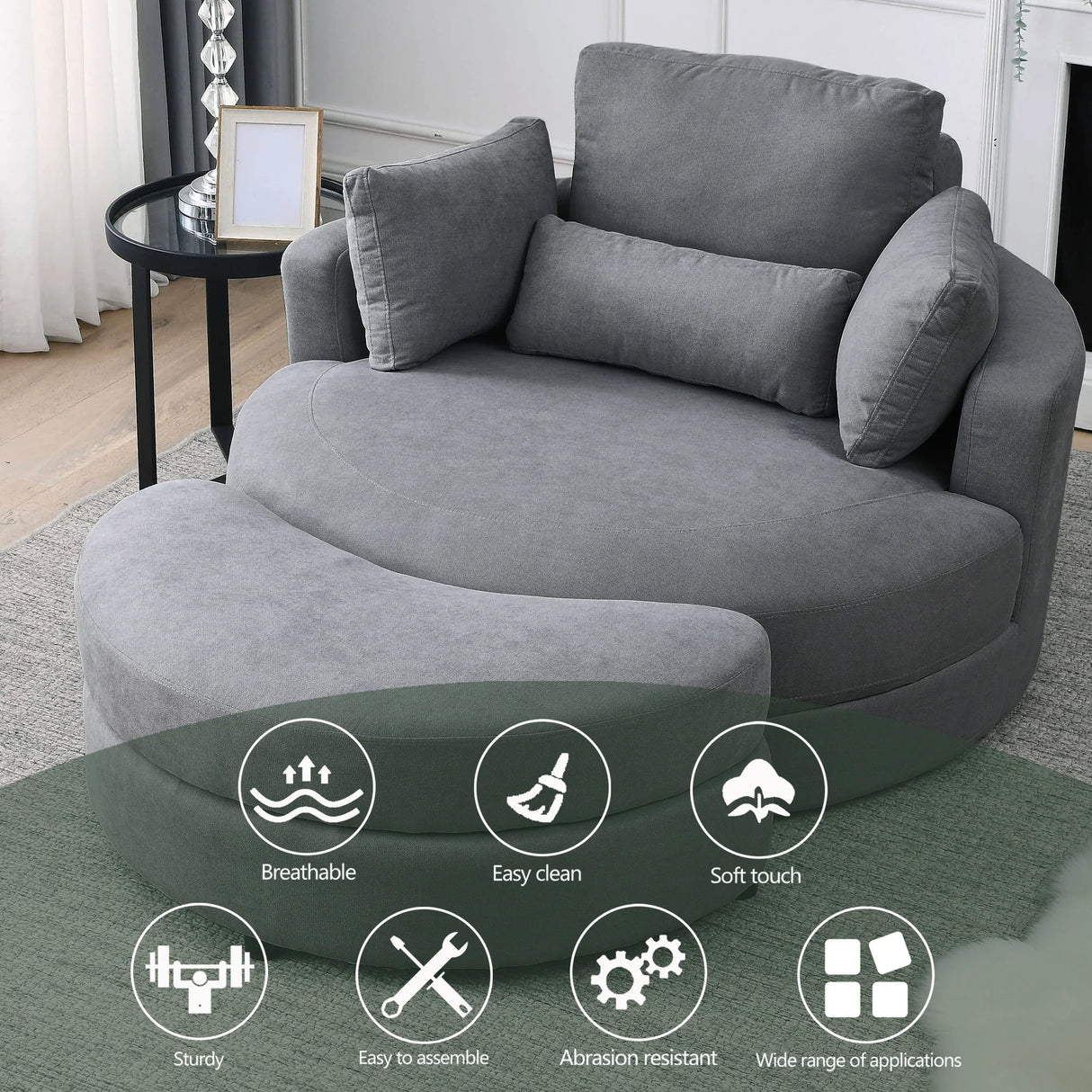Linen Barrel Swivel Chair With Storage Ottoman - Furniture Home Direct