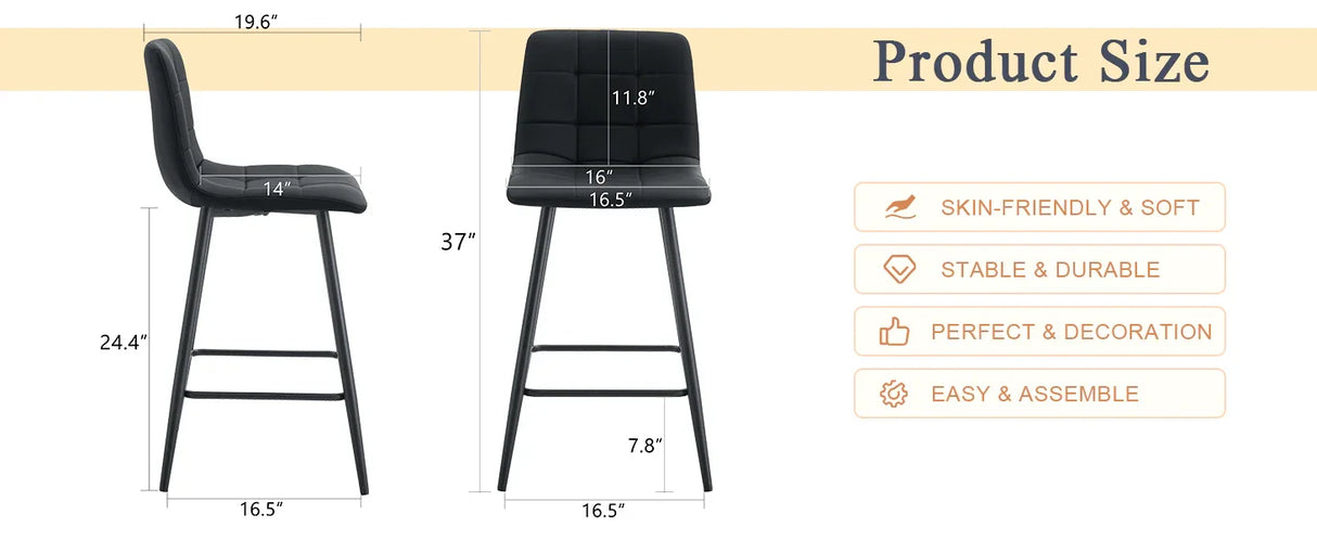 Counter Stool Set Faux Leather Tufted Cushions Black - Furniture Home Direct