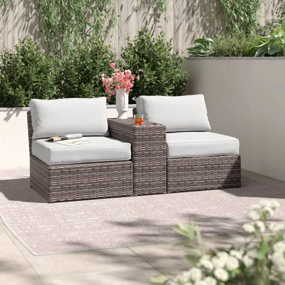 2 Person Wicker Conversation Set With Cushions, Weather Resistant - Furniture Home Direct