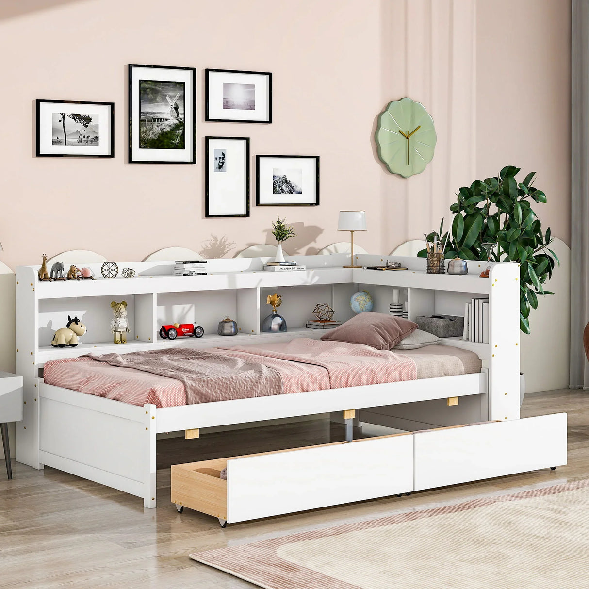 Twin Bed With L-Shaped Bookcases, Drawers - Furniture Home Direct