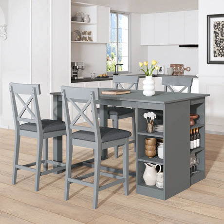 Solid Wood Farmhouse Counter Height Dining Table Set With 3 Tier Storage Shelves - Furniture Home Direct
