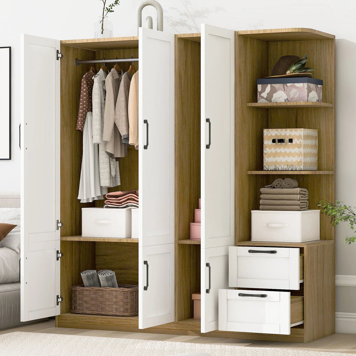 3 Door Storage Wardrobe For Dedroom With Shelves And 2 Drawers, Side Storage Shelves - Furniture Home Direct