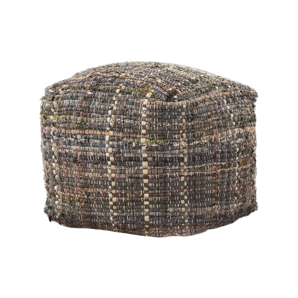 Koki - Handcrafted Fabric Pouf Recycled Denim And Paper Chindi - Khaki - Furniture Home Direct