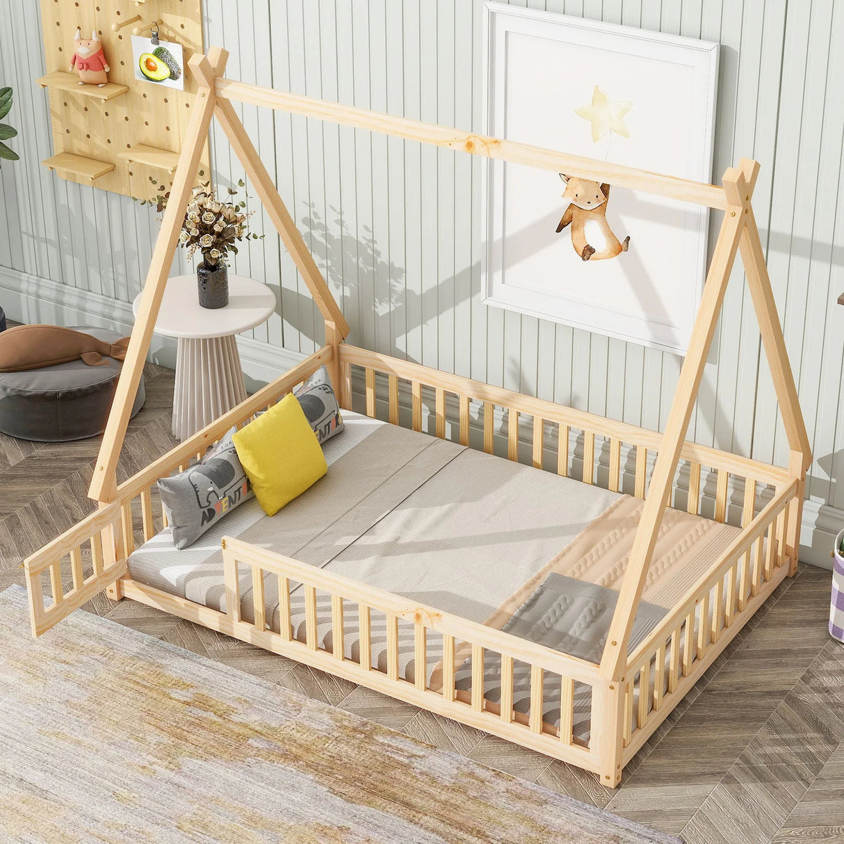Tent-Shaped Floor Bed, With Guardrails, Slats, Door - Furniture Home Direct