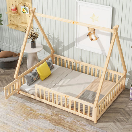 Tent-Shaped Floor Bed, With Guardrails, Slats, Door - Furniture Home Direct