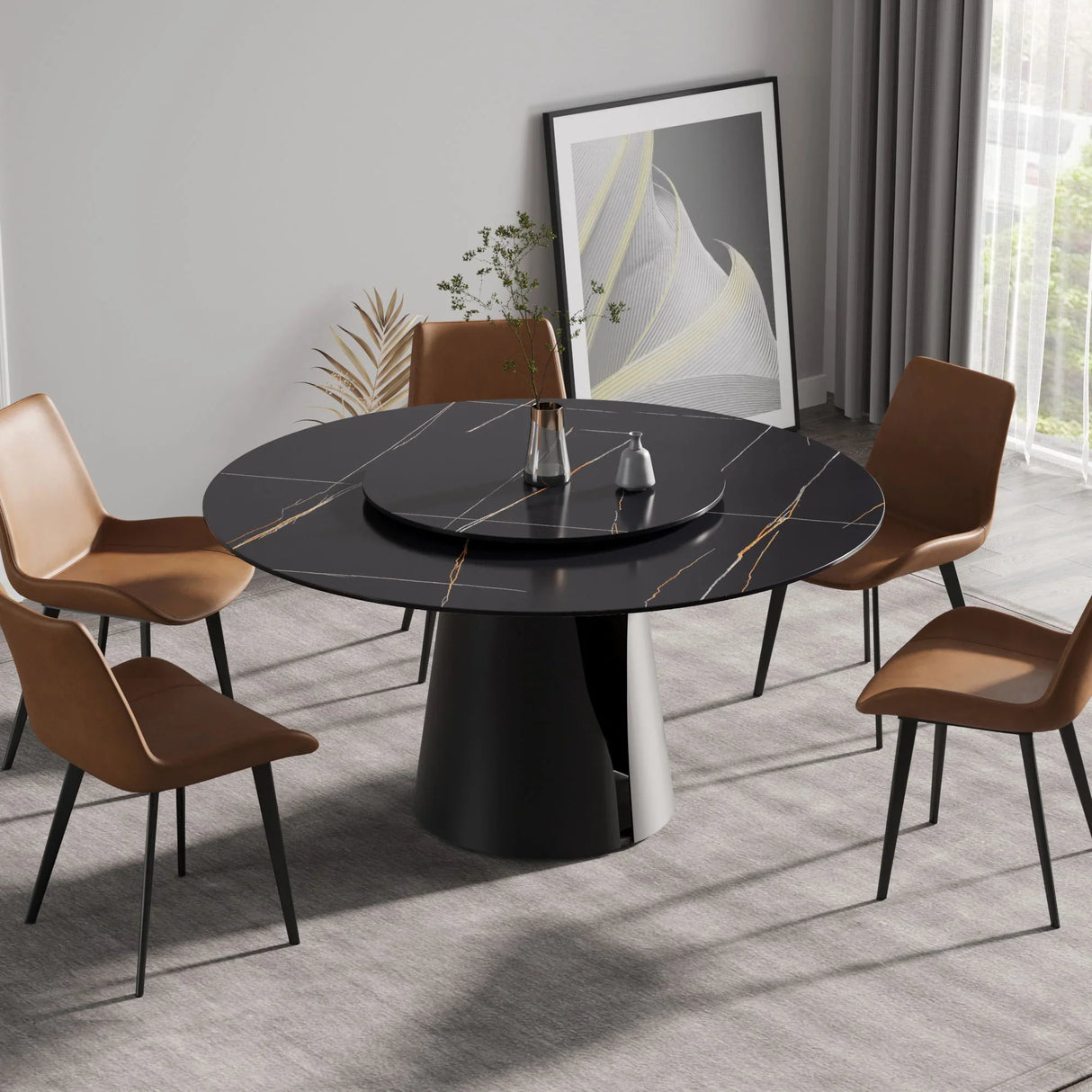 53.15" Round Modern Artificial Stone Carbon Steel Base Dining Table, Can Accommodate 6 People - Black / Gold - Furniture Home Direct