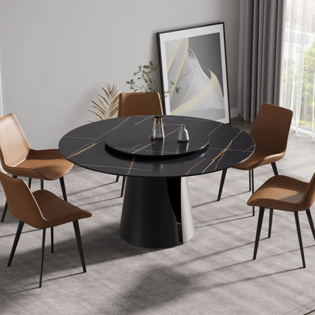 53.15" Round Modern Artificial Stone Carbon Steel Base Dining Table, Can Accommodate 6 People - Black / Gold - Furniture Home Direct