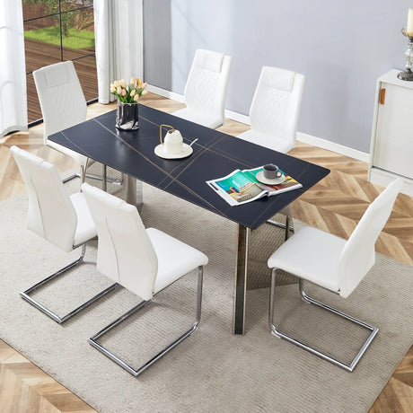 Dining Set Marble Pattern Table With White Chairs White - Furniture Home Direct