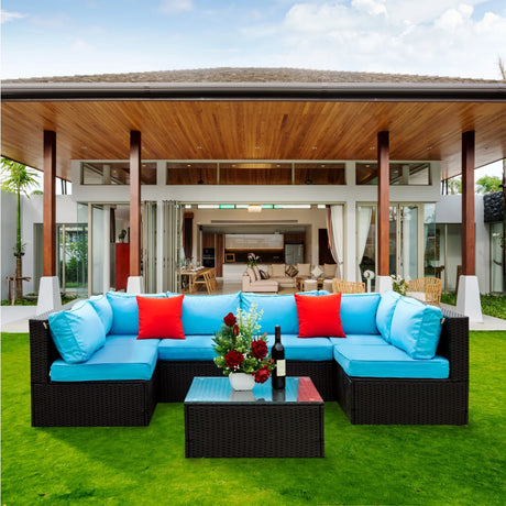 Outdoor Sectional Set With Blue Cushions - Furniture Home Direct